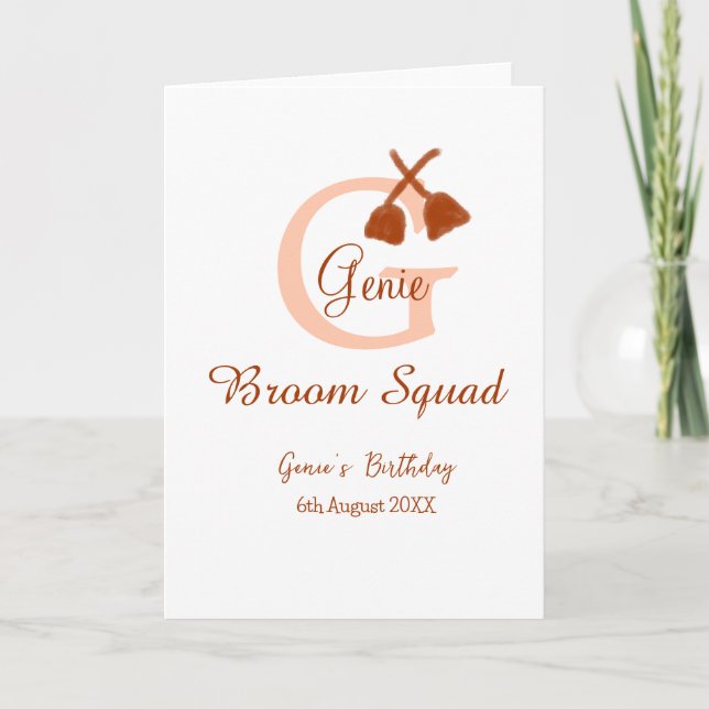 Carte Balai marron Squad Anniversaire nom monogramme pêc (Devant)