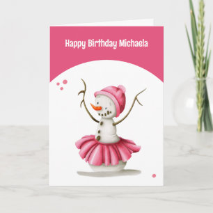 Carte Ballerina hiver rose simple Snowman Fille Annivers