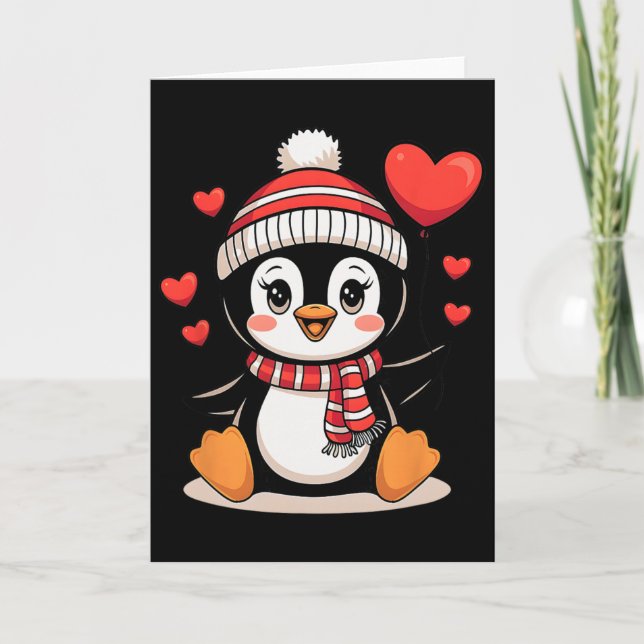 Carte Ballon Coeur De Pingouin Saint-Valentin Mignon  (Devant)