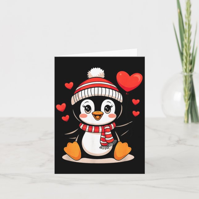Carte Ballon Coeur De Pingouin Saint-Valentin Mignon  (Devant)