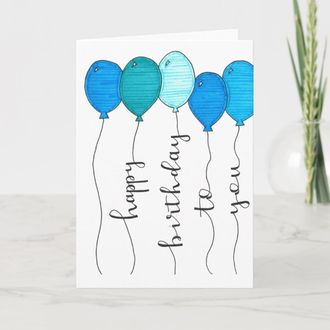 Carte ballon d'anniversaire calligraphie bleu écriture m (Devant)