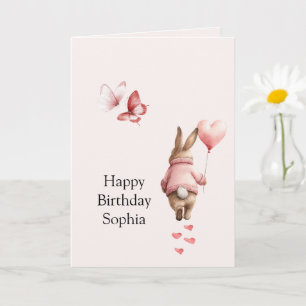 Carte Ballon de cœur de lapin Papillons roses Anniversai