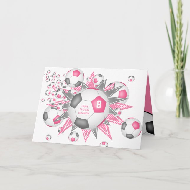 Carte ballon de soccer souffle filles rose gris annivers (Devant)
