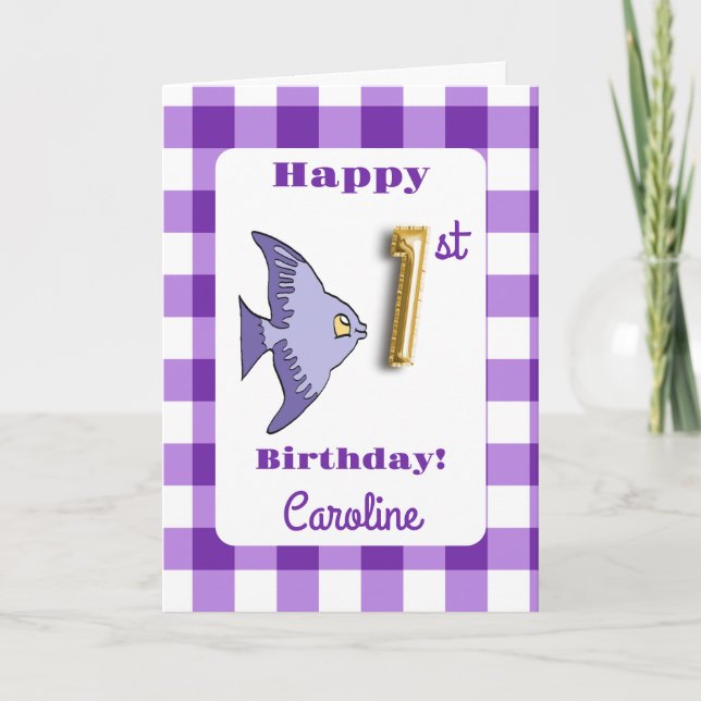 Carte Ballon en forme de poisson en gingham doré pour 1e (Devant)