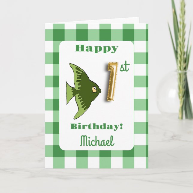 Carte Ballon en forme de poisson vert à carreaux avec fe (Devant)