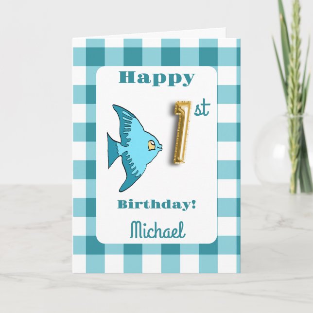 Carte Ballon Gingham Poisson et Sarcelle Numéro 1er Anni (Devant)