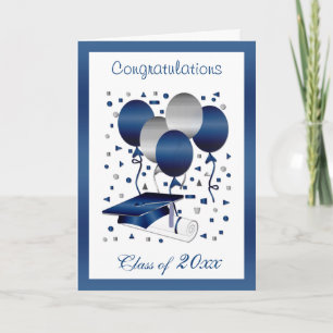 Carte Ballons bleu argent, mortier & diplôme Graduation