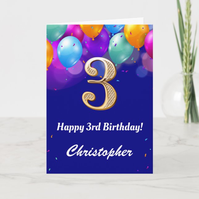 Carte Ballons bleu et or couleur marine 3e anniversaire (Devant)