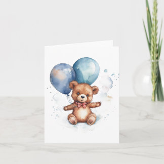 Carte Ballons bleus à l'aquarelle Ours en peluche marron