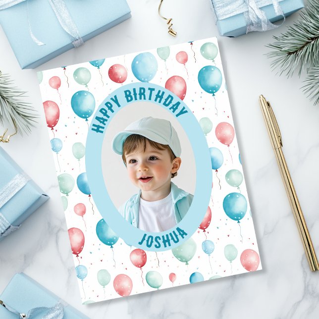 Carte Ballons Bleus Photo Anniversaire (Blue balloons birthday card)