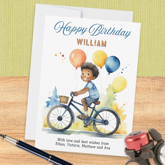 Carte Ballons Colorés Garçon À Vélo Joyeux Anniversaire (A personalized birthday card with picture of a boy on a bicycle with balloons)