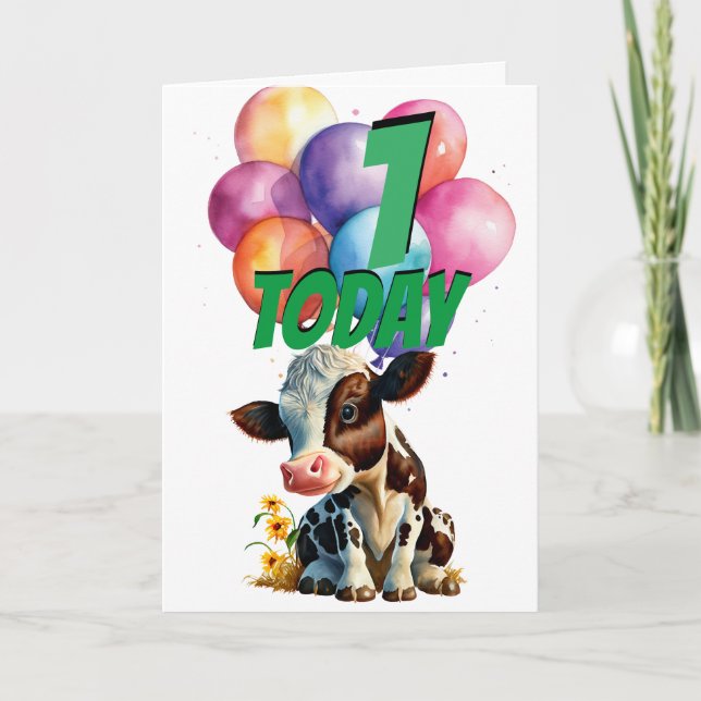 Carte Ballons d'1er Anniversaire de Vache Brown (Devant)