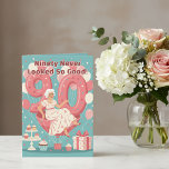 Carte Ballons Elegant Woman's 90th Birthday Greeting<br><div class="desc">C'est la carte de 90ème anniversaire personnalisable pour fêter un fabuleux jalon ! Le design joyeux, sur un arrière - plan turquoise, présente une femme âgée illustrée et élégante à bord d'une montgolfière en forme de ballon géant rose "90". Le devant est orné de cupcakes et de cadeaux, et couronné...</div>