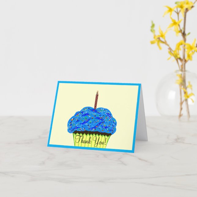 Carte Ballons Gâteau Bleu Anniversaire Merci (Fleur jaune)