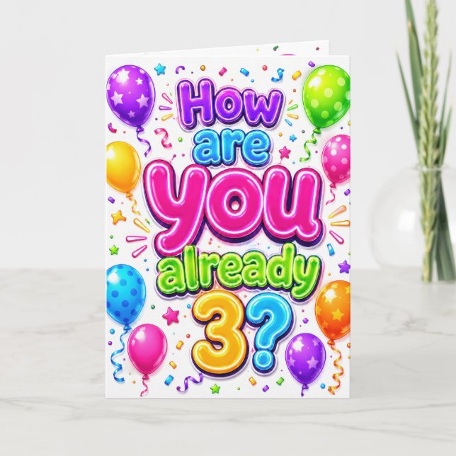 Carte Ballons néon et confettis pour les 3 ans (Devant)