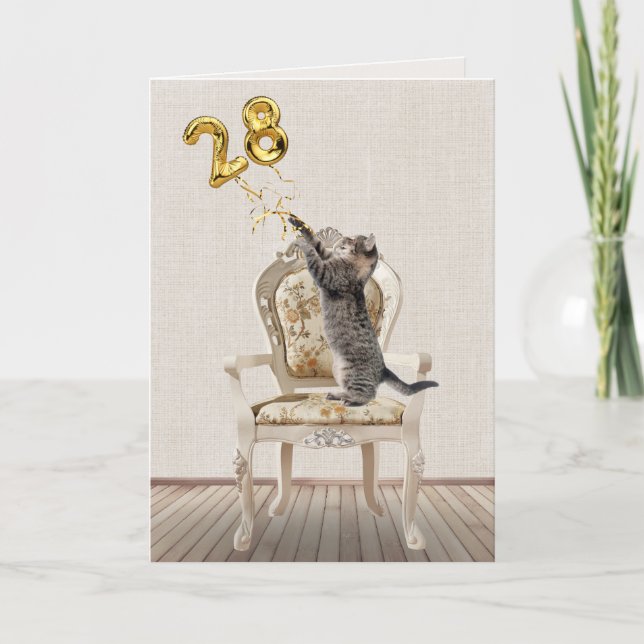 Carte Ballons pour 28e anniversaire et chat tigré (Devant)