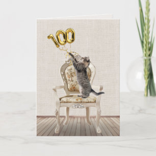Carte Ballons pour le 100e anniversaire et chat tigré