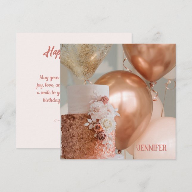 Carte Ballons rose et bronze gâteau d'anniversaire modif (Devant / Derrière)