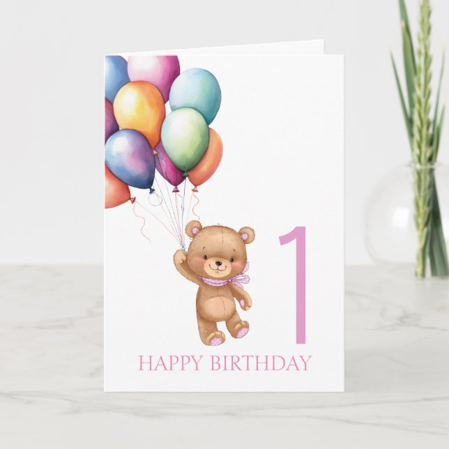 Carte Ballons Teddy Pink 1er anniversaire (Devant)