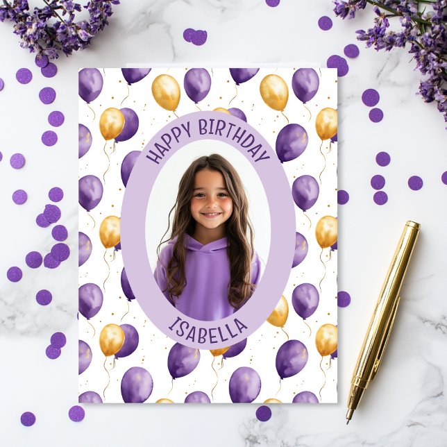 Carte Ballons violets (Purple faux gold balloons birthday photo card)