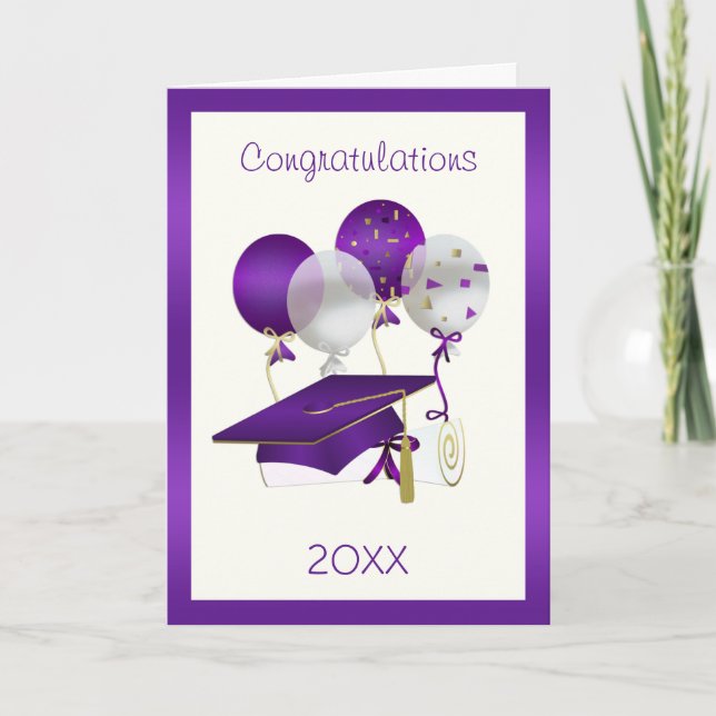 Carte Ballons violets, mortier et diplôme Graduation (Devant)