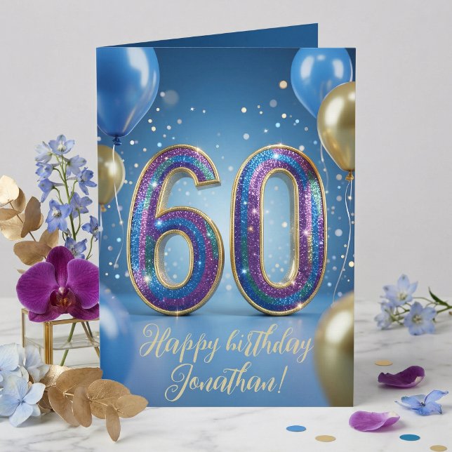 Carte Balloons élégants bleus dorés pailletés 60ème Anni (Créateur téléchargé)