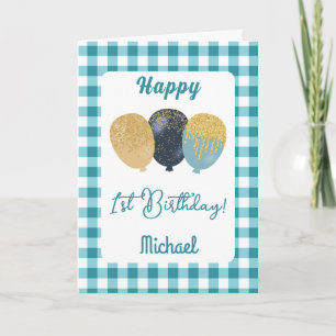 Carte Balloons Gingham Bleu Sarcelle pour l'anniversaire