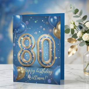 Carte Balloons Pailletés Bleu Or Élégants 80ème Annivers
