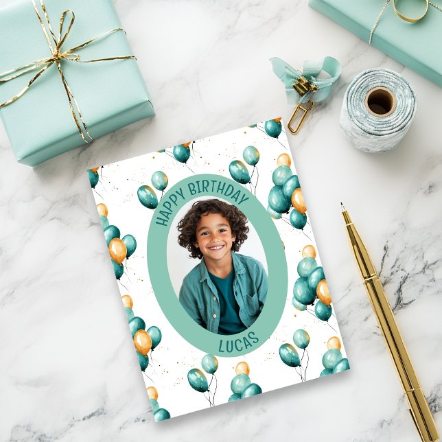 Carte Balloons turquoises Photo Motif (Teal faux gold balloons birthday card)