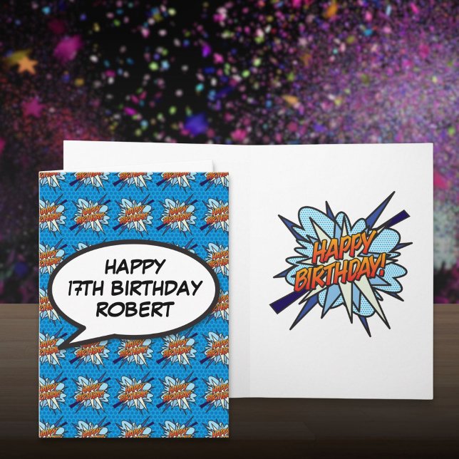 Carte Bande dessinée personnalisée BONJOUR D'ANNIVERSAIR (Personalized Comic Book HAPPY BIRTHDAY Blue Card)