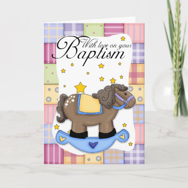 Carte Baptême Avec Cheval Rocheux Bleu (Devant)