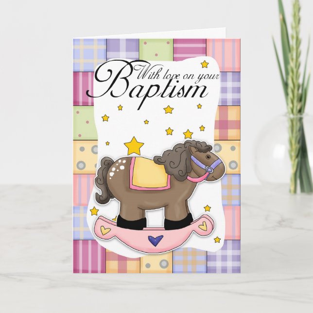 Carte Baptême Avec Cheval Rocheux Rose (Devant)
