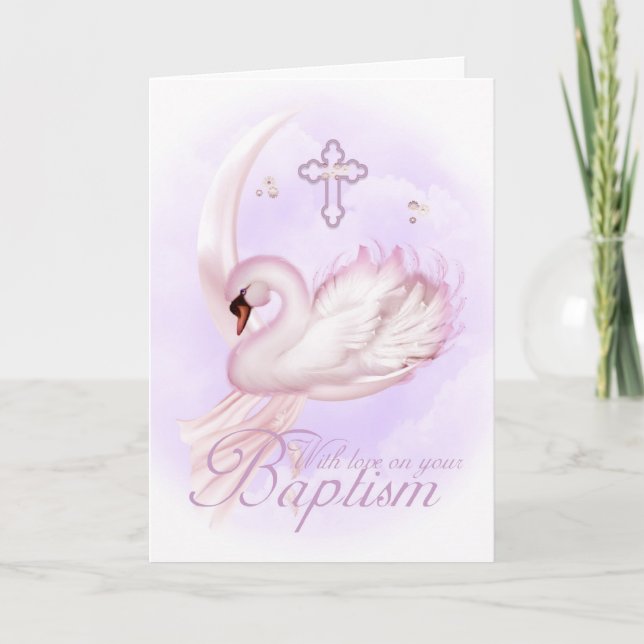 Carte Baptême Avec Cygne Rose (Devant)