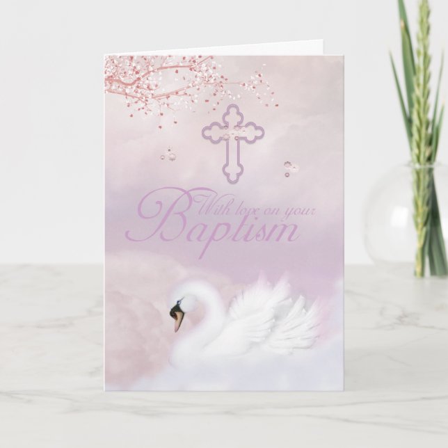 Carte Baptême Avec Cygne Rose (Devant)