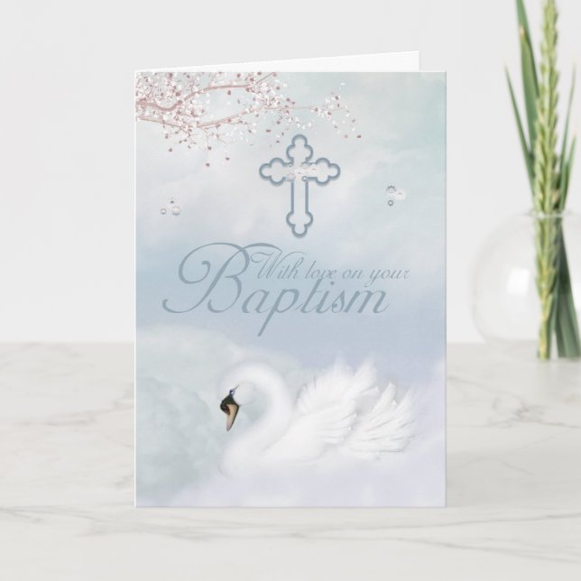 Carte Baptême Avec Cygne Rose (Devant)
