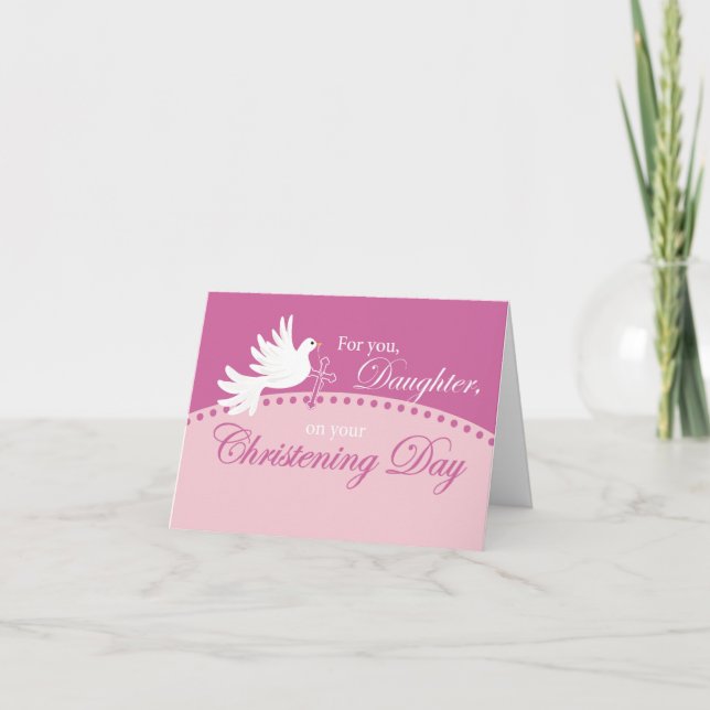 Carte Baptême de fille à la colombe sur fond rose (Devant)