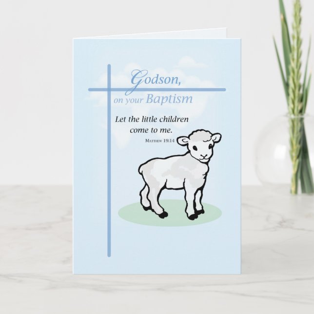 Carte Baptême de mon filleul Agneau sur fond Bleu (Devant)
