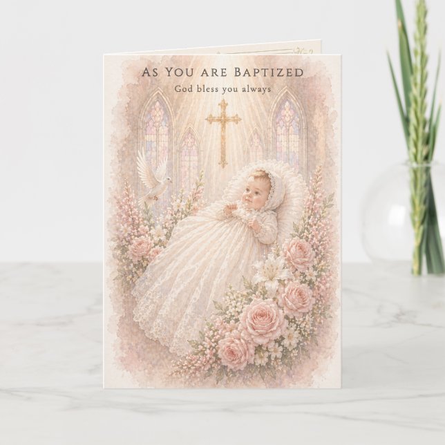 Carte Baptême Fille Croix Florale Christening (Devant)