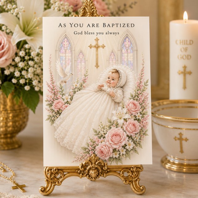 Carte Baptême Fille Croix Florale Christening (Créateur téléchargé)