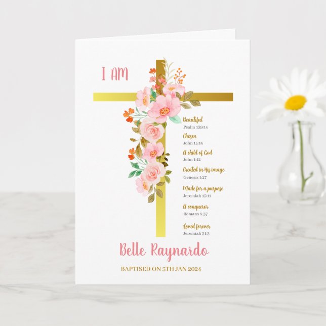 Carte Baptême fille rose et rouge Fleurs sur Crucifix (Petite plante)