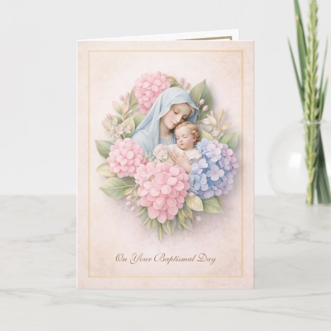 Carte Baptême Floral Catholique Marie Jésus  (Devant)