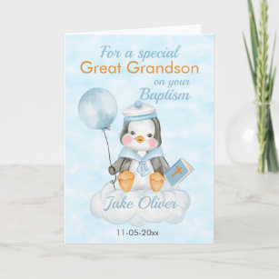 Carte Baptême Grand-Fils Bleu Pingouin
