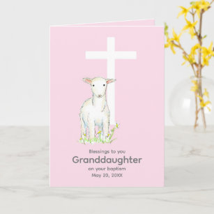 Carte Baptême Petite-fille Lamb Cross Religieux Rose