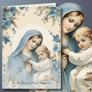 Carte Baptême pour bébé Marie Bleue Florale Bénie