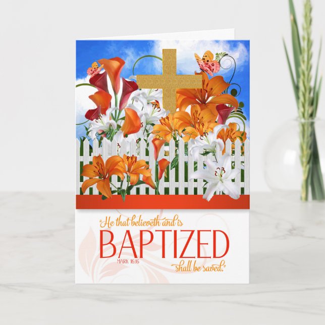 Carte Baptême veut Mark 16 Écriture biblique avec Croix (Devant)