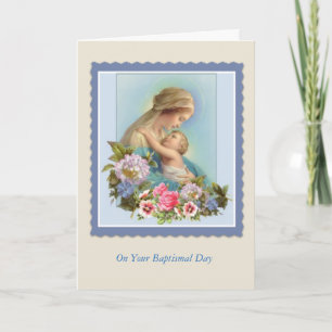 Carte BAPTÊME Vierge Marie Bébé Roses Bénédiction