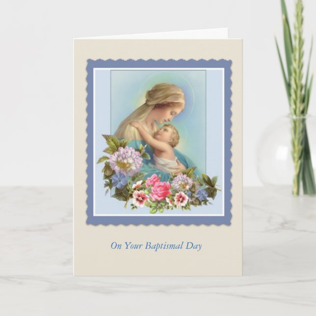 Carte BAPTÊME Vierge Marie Bébé Roses Bénédiction (Devant)