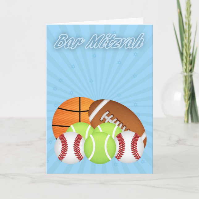 Carte Bar Mitzvah With Various Sport Balls, Tennis, Base (Devant)