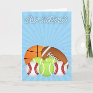 Carte Bar Mitzvah With Various Sport Balls, Tennis, Base