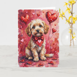 Carte Barbet Valentine Chien Assis avec des Cœurs Rouge